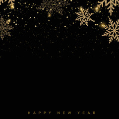 2023 Happy New Year and Merry Christmas card with falling golden snowflakes. Vector
