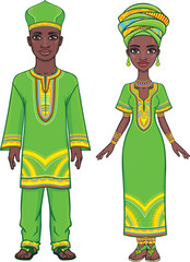 Animation portrait of the African family in ethnic clothes. Full growth. The vector illustration isolated on a white background.