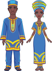 Animation portrait of the African family in ethnic clothes. Full growth. The vector illustration isolated on a white background.