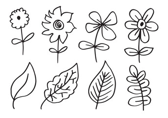 Hand drawn black floral elements.flower and branches doodle.