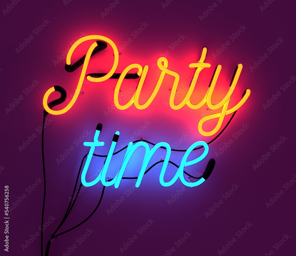 Poster neon sign, party time, mock-up with centered text, 3d rendering.
