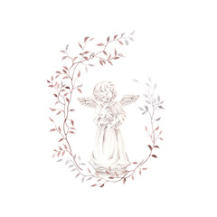 Floral frame with cute angel holding in hands rabbit, isolated watercolor illustration in style ceramic statuette, symbol Christmas year 2023 for invitation or greeting cards.