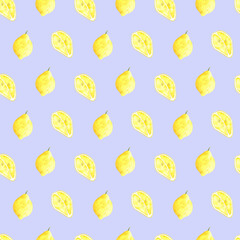 Watercolor seamless pattern with yellow lemon half and whole fruit illustrations on blue background . Watercolor hand-drawn fruit lemon ornament. Organic healthy food texture, for your design