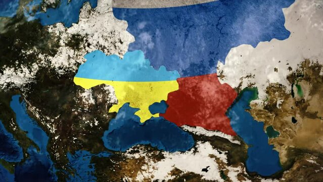 The planet is focused on est europe. War in Ukraine. Exposure in the captured, occupied territory . Ukraine in the Ukrainian flag, Russia in the Russian flag