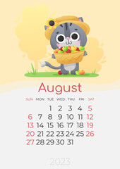Calendar of 2023 year, August, poster with cute gray kitty in straw hat, with harvest of apples in a basket and grass on yellow background. Vector illustration for postcard, banner, web, design, arts.