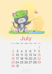 Calendar of 2023 year, July, poster with cute gray kitty in green panama, hat fishing, catching fish and grass on yellow background. Vector illustration for postcard, banner, web, design, arts