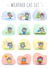 Set of seasonal weather posters with cute gray cat, kitty on a background of colored spots. Winter, summer, spring, autumn. Vector illustration for postcard, banner, web, design, arts, calendar.