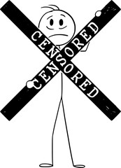 Censored Person, Concept of Censorship or No Freedom of Talk, Vector Cartoon Stick Figure Illustration