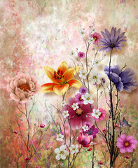 Abstract art colorful flowers  painting. Spring multicolored illustration. - 540757673
