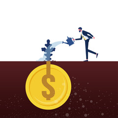 Businessman with watering can watering money plant. Investing, savings and fund concept
