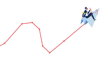 Businessman riding on paper plane pulling business finance growth chart line flying upwards