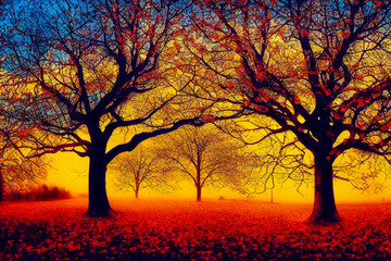 Fototapeta na wymiar Splendid landscape with orange autumn colors with old winter trees and a warm sun. Illustration 3d.