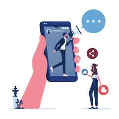 Businessman stand on smartphone with a megaphone shouts recommend to a friend, sharing information, online advertising, online marketing concept vector
