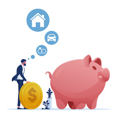 Businessman saves money in Piggy bank, Financial wealth symbol with cash money from savings, Investment success and safe economical fund deposit strategy