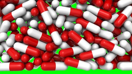 Pile of pharmaceutical capsules on green screen. Realistic 3D rendering of red and white medical capsules with glossy surface. Computer graphics of medication. Medical drugs, vitamins or antibiotics.