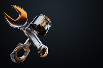 The concept of engine repair, car repair. Image of wrenches and a cylinder on a dark background. Copy space, 3D illustration, 3D render.
