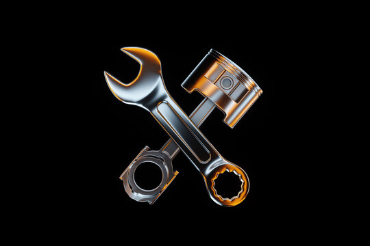 The concept of engine repair, car repair. Image of wrenches and a cylinder on a dark background. Copy space, 3D illustration, 3D render.