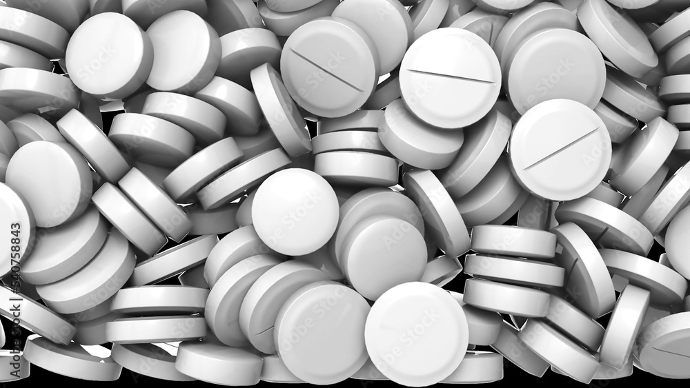 Poster 3d rendering of white round pills on a black background. computer graphics of medical tablets with a
