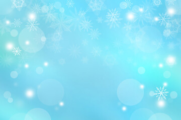 Abstract blue background with snowflakes and bokeh. Christmas, new year festive pattern. Design element.
