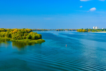 View of the river Dnieper on autumn in Kremenchug, Ukraine