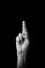 Hand demonstrating the Japanese sign language letter 'RA' or 'ら' with copy space