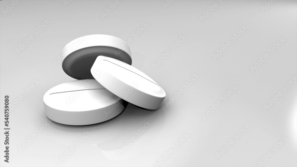 Poster 3d rendering of three white round pills folded in a pile on a white isolated background. computer gr