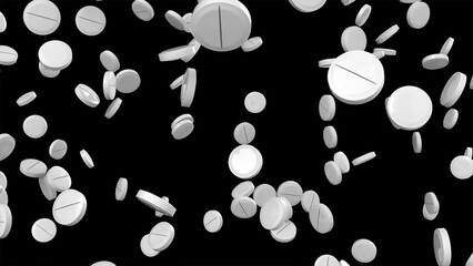 3D rendering of white round pills falling on a black background. Computer graphics of medical tablets with glossy surface is floating in space. Medical drugs, vitamins or antibiotics.