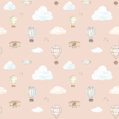 Watercolor seamless pattern with clouds and hot air balloons for girl fabric, wallpaper, cards, pastel pink background