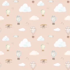 Papier Peint photo Lavable Montgolfière Watercolor seamless pattern with clouds and hot air balloons for girl fabric, wallpaper, cards, pastel pink background