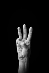 Hand demonstrating the Japanese sign language letter 'WA' or 'ゎ' with copy space