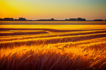 Beautiful landscape evoking summer, heat and agriculture with golden wheat ears. Under the sunset. Illustration 3d.