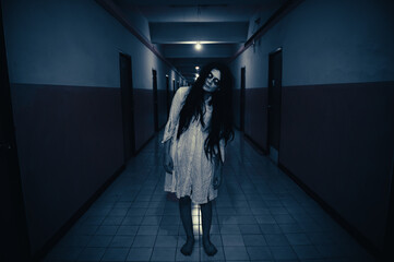 Portrait of asian woman make up ghost,Scary horror scene for background,Halloween festival...