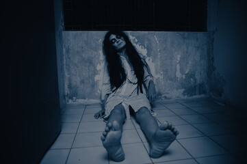 Portrait of asian woman make up ghost,Scary horror scene for background,Halloween festival...