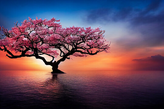 Zen landscape evoking total freedom and Japan with a pink tree lost in the tranquility of the sea. Illustration 3d.