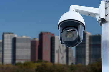 CCTV monitoring, security cameras. Backdrop with views of the city