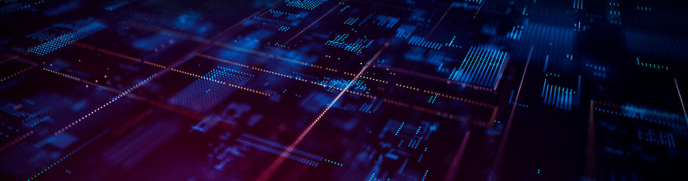 Big Data technology background. Microchip and computer parts. City of the future. 3d rendering