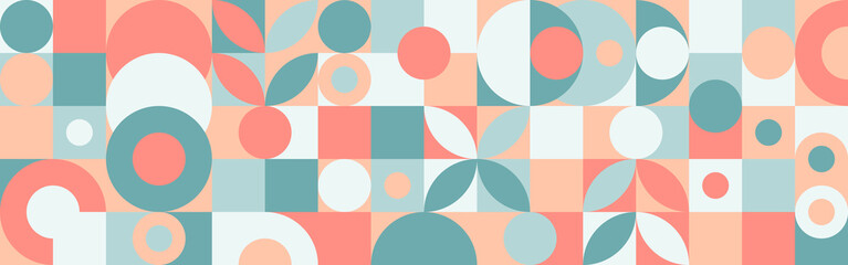 Trendy seamless geometric background with circles in retro
scandinavian style, modern cover pattern. Graphic pattern of simple shapes in pastel colors, abstract mosaic.
