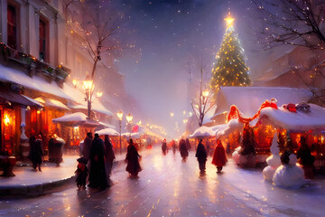 christmas marked in the city - painting - obrazy, fototapety, plakaty