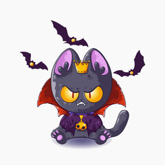 Cartoon vampire cat with bats on a white background. Halloween vector illustration suitable for gift card, home decor and textile.