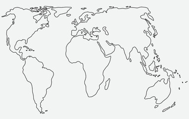 Freehand world map sketch on white background..