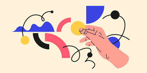Modern geometric composition of various shapes. Illustration for design. A persons hand holds a geometric figure.
