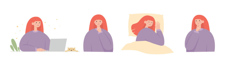 Young smiling woman working at table on laptop. Female in hoodie at workplace with cat. Sleep, ear, repeat. Scene of freelance or office job. Flat vector cartoon illustration isolated white background