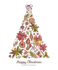 Christmas tree. Merry Christmas Frame in graphic style. Christmas decorations, poinsettia, wood, holly, fir branches, winter plants and bow. Botanical Illustration. Black and white vintage Christmas