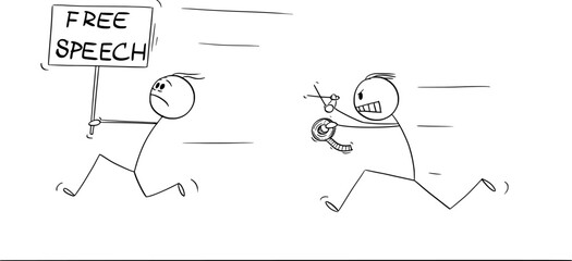 Person Running Away with Free Speech Sign, Vector Cartoon Stick Figure Illustration