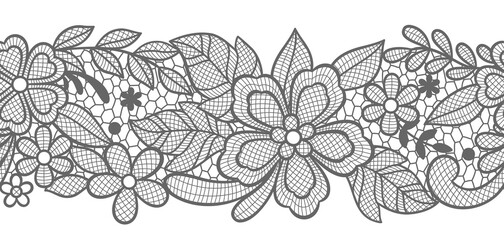 Lace seamless pattern with flowers and leaves. Embroidery handmade decoration. - obrazy, fototapety, plakaty