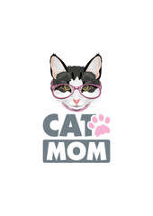 Smart cat in pink eyeglasses. Cat mom