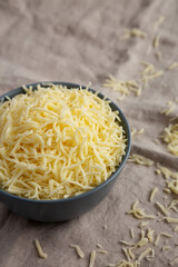Shredded Mozzarella Cheese in a Bowl, low angle view.