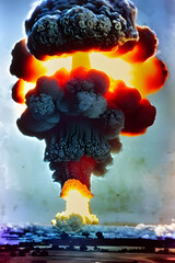 an old autochrome photograph of an atomic bomb explosion with mushroom cloud