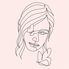 Woman face with butterfly. Line art female hands with butterflies. Abstract face with butterfly by one line vector drawing. Portrait minimalistic style. Botanical print. Nature symbol of cosmetics. 