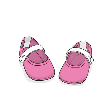 Cute baby girl shoes in pink and white with line art design for baby advertising template design